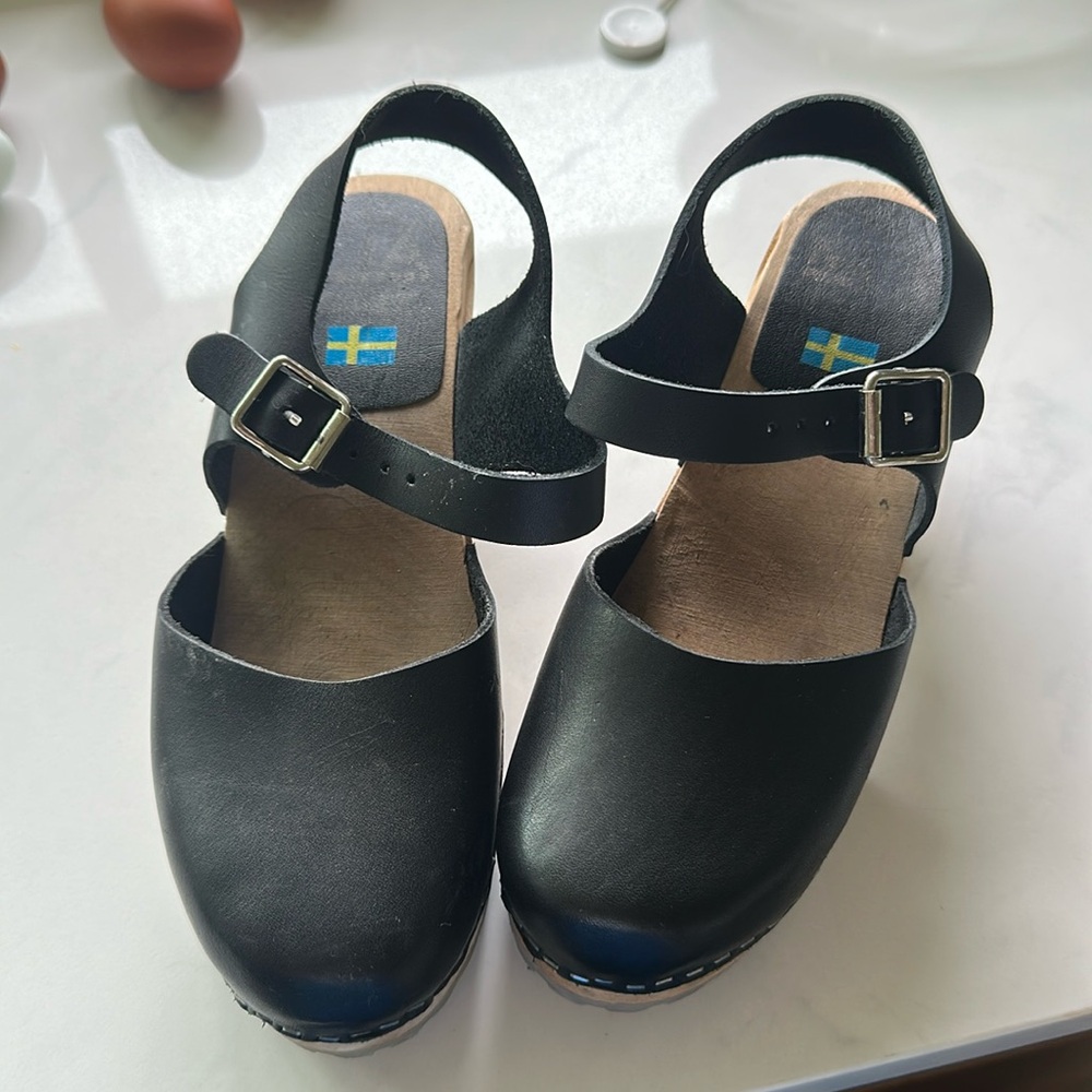 MIA Abba Womens Size 8‎ Black Leather Slingback Swedish Clog Heel Sandals Boho